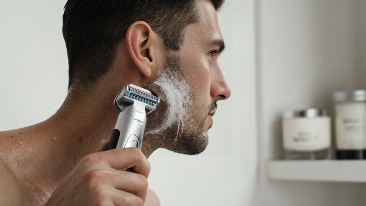 Ruka jemně hladí holicí strojek po tváři bez tlačení, kůže je vlhká a klidná.