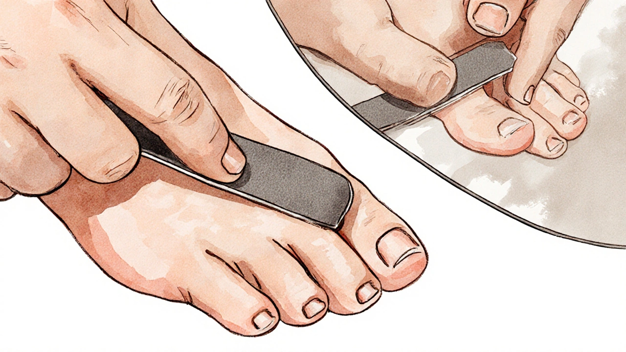 Ruka jemně piluje nehet nohy jemnou pilkou, viditelná změkčená kůže kolem nehtu.