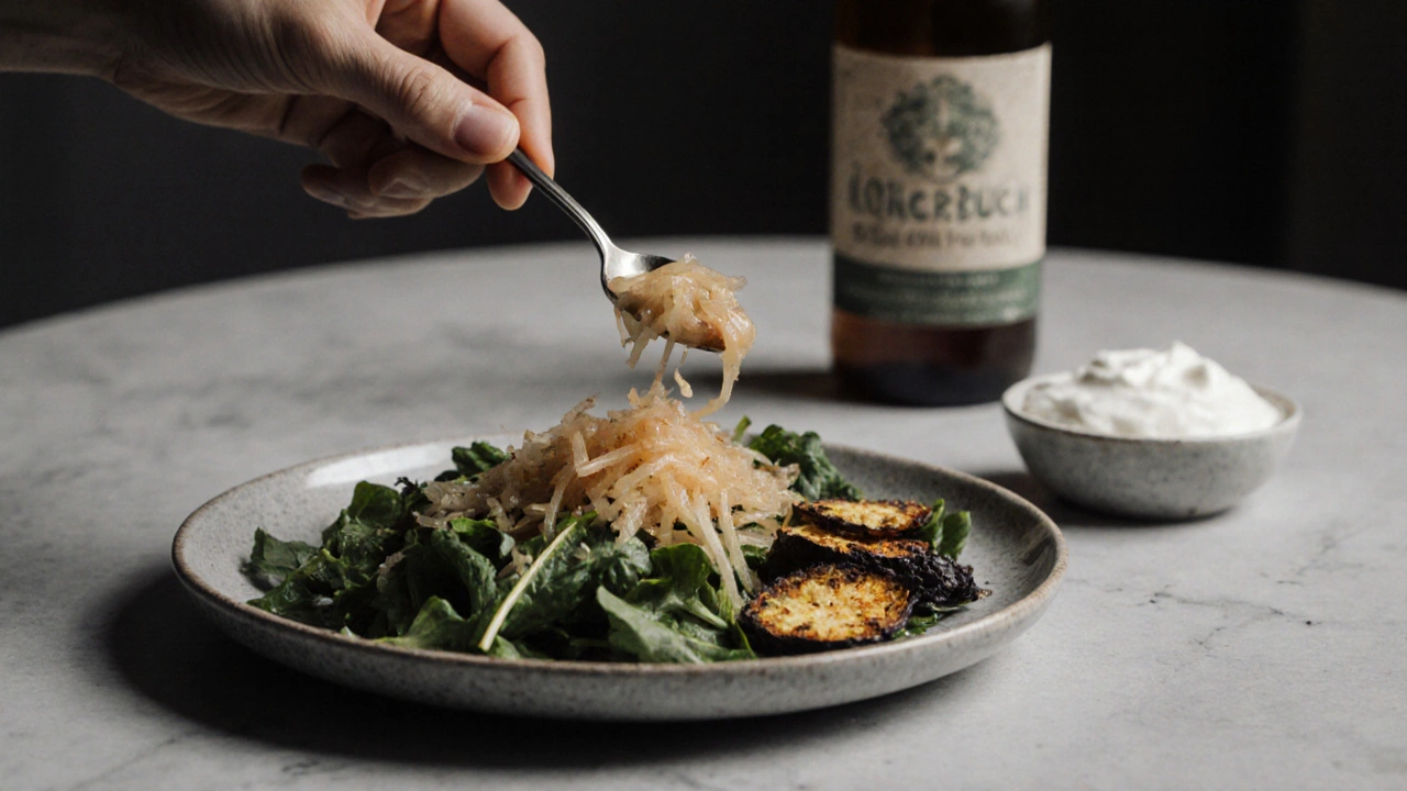 Ruka přidává kysané zelí do salátu s domácím jogurtem a kombuchou na pozadí.