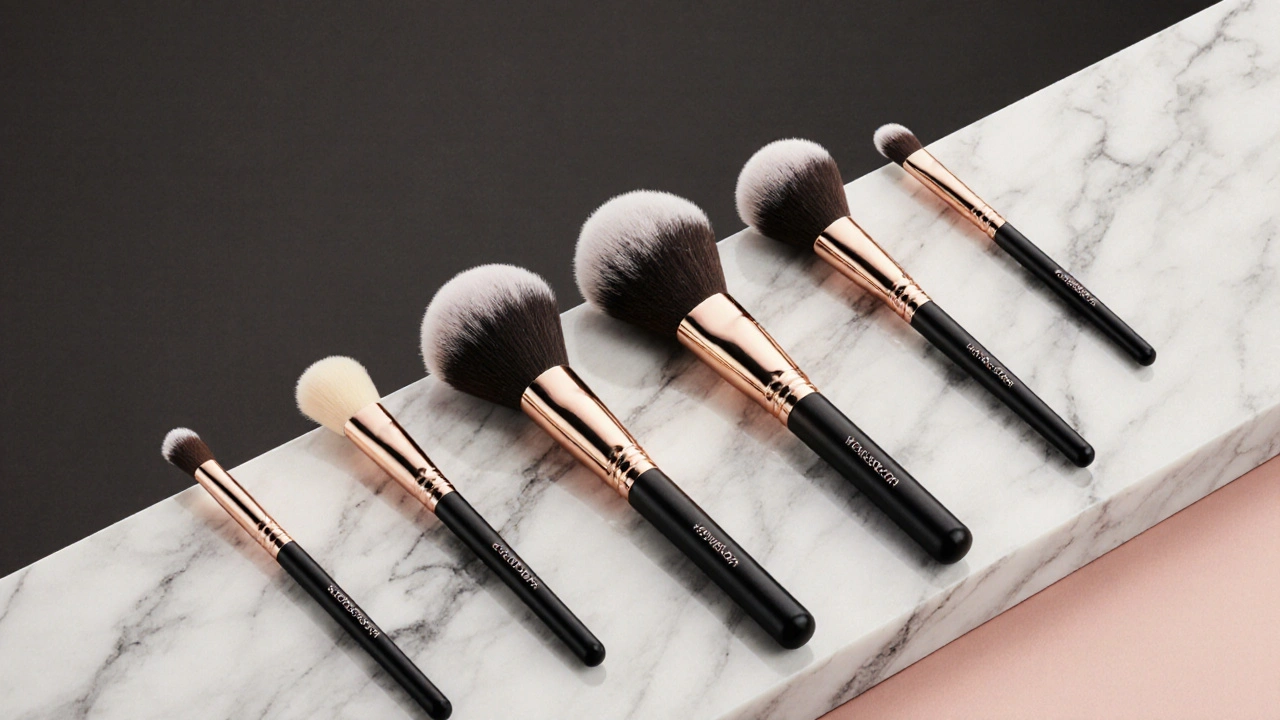 Sestava šesti různých štětců na make-up uspořádaných na mramoru podle jejich funkce.