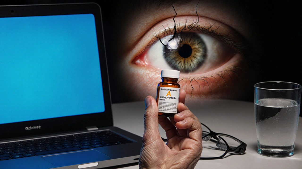 Starší ruka drží doplněk vitamínu A, zatímco oko za ní získává zpět vlhkost a ostrost.