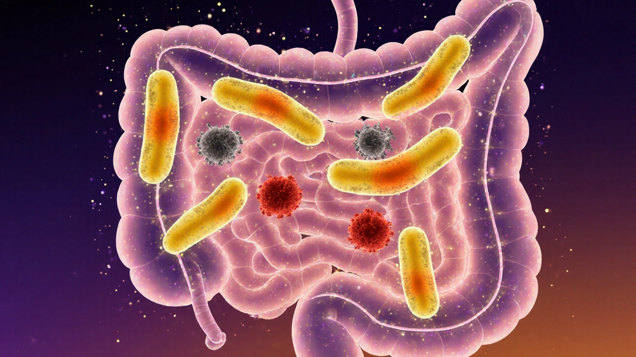 Střevo s osvětlenými laktobacily bojujícími proti škodlivým bakteriím.