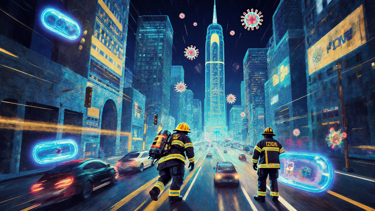 Umělecká představa imunitního systému jako města s buňkami jako hasiči a vitamíny jako podporou.