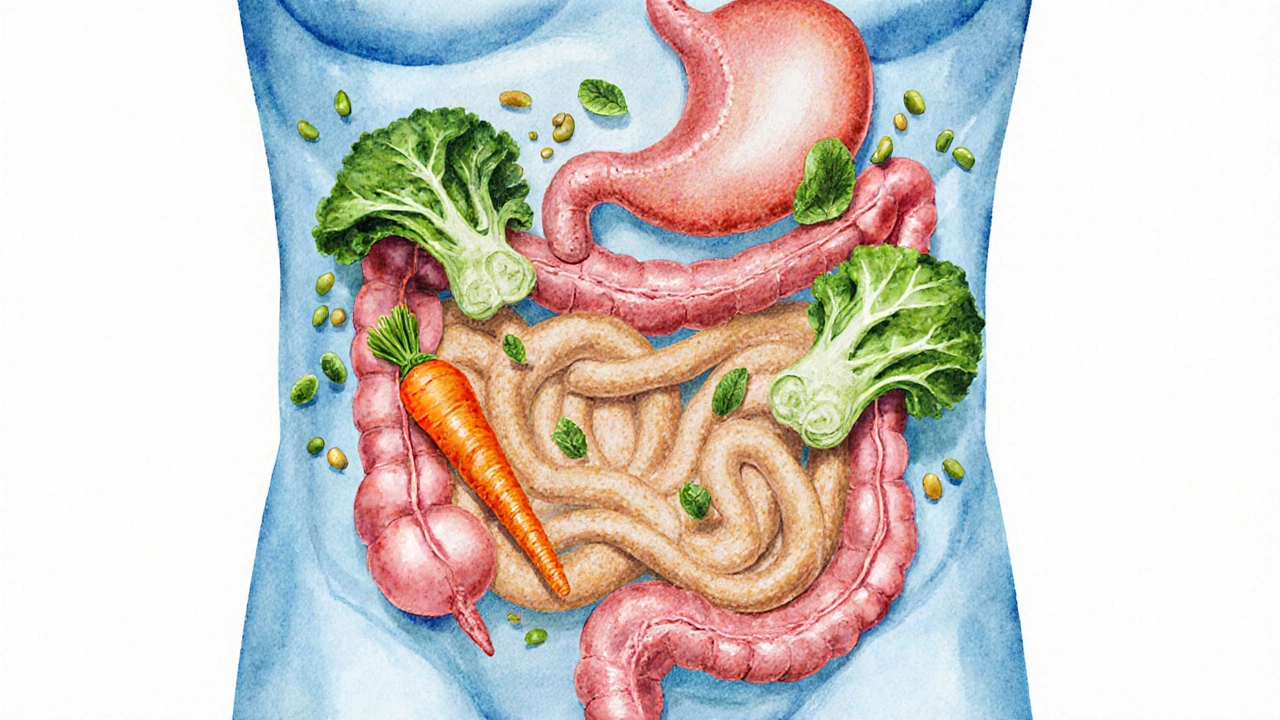 Umělecké znázornění střev s živými laktobacily a kvašenými potravinami v symbióze.