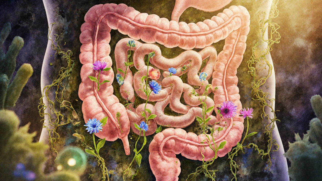 Zdravá střevní mikroflóra jako zahrada s probiotickými bakteriemi jako květinami