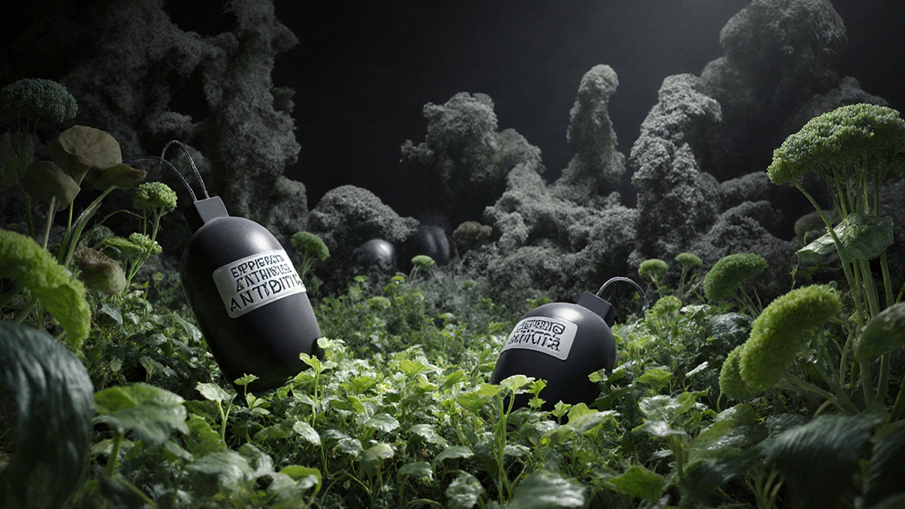 Zdravé střevo jako zahrada s laktobacily, kterou ničí exploze antibiotik a šíří se plísně.