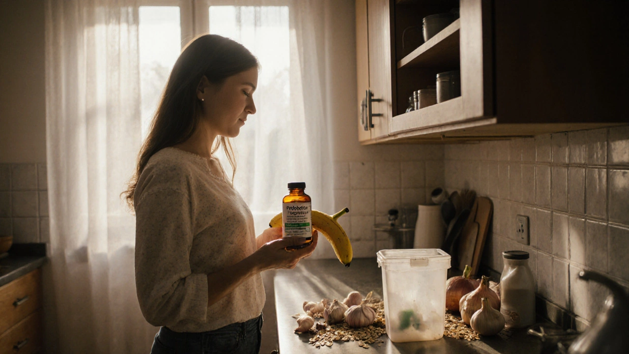 Žena drží probiotikum a banán, na pozadí odstraňuje vypršelé léky do speciálního kontejneru.