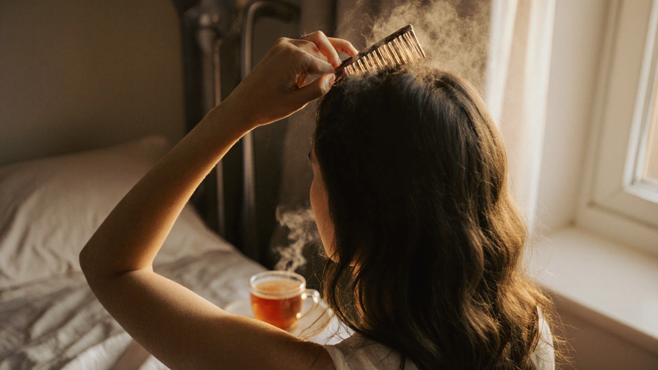 Žena jemně češe mokré vlasy širokým hřebenem při přirozeném světle.