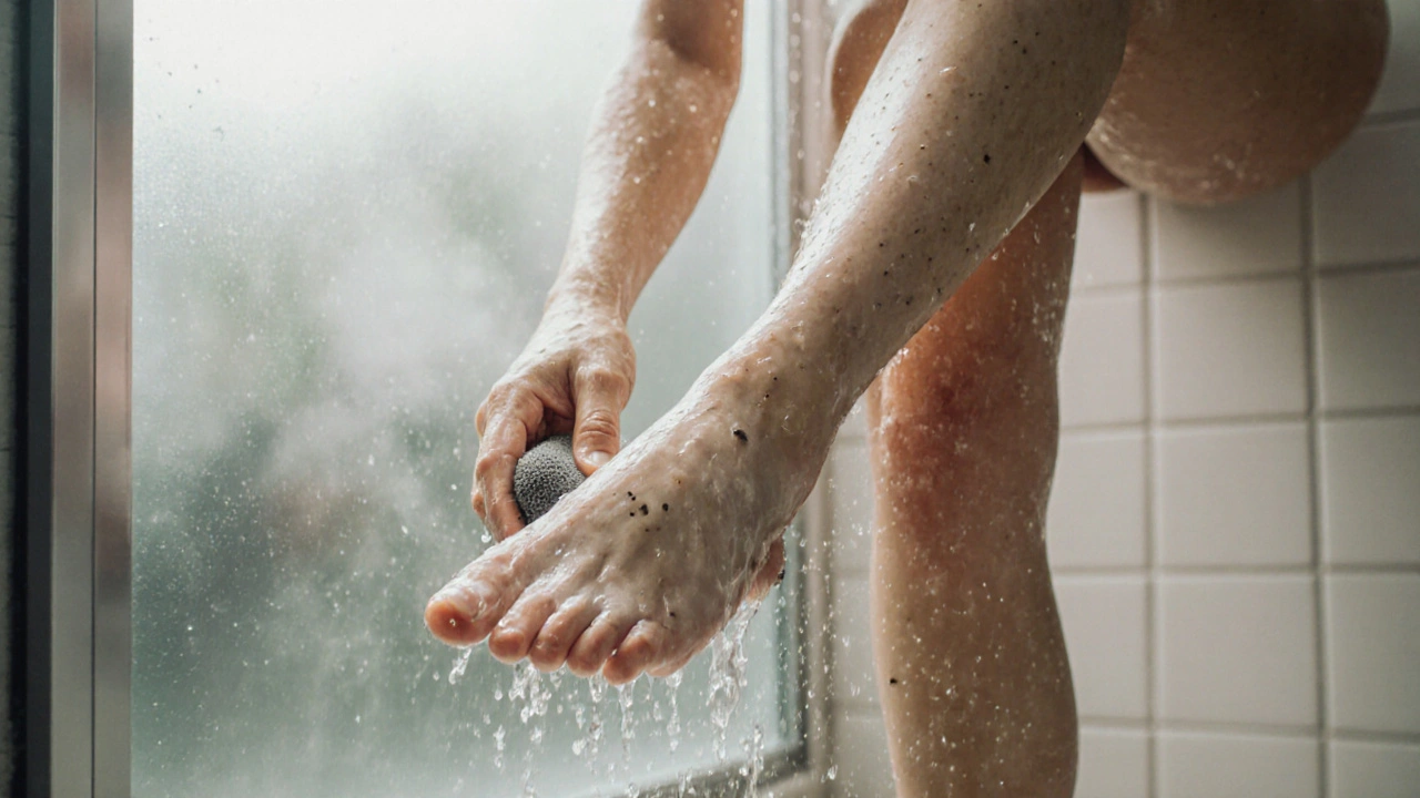 Žena jemně myje nohu v koupelně, kde se vypouštějí drobné chloupky po laseru