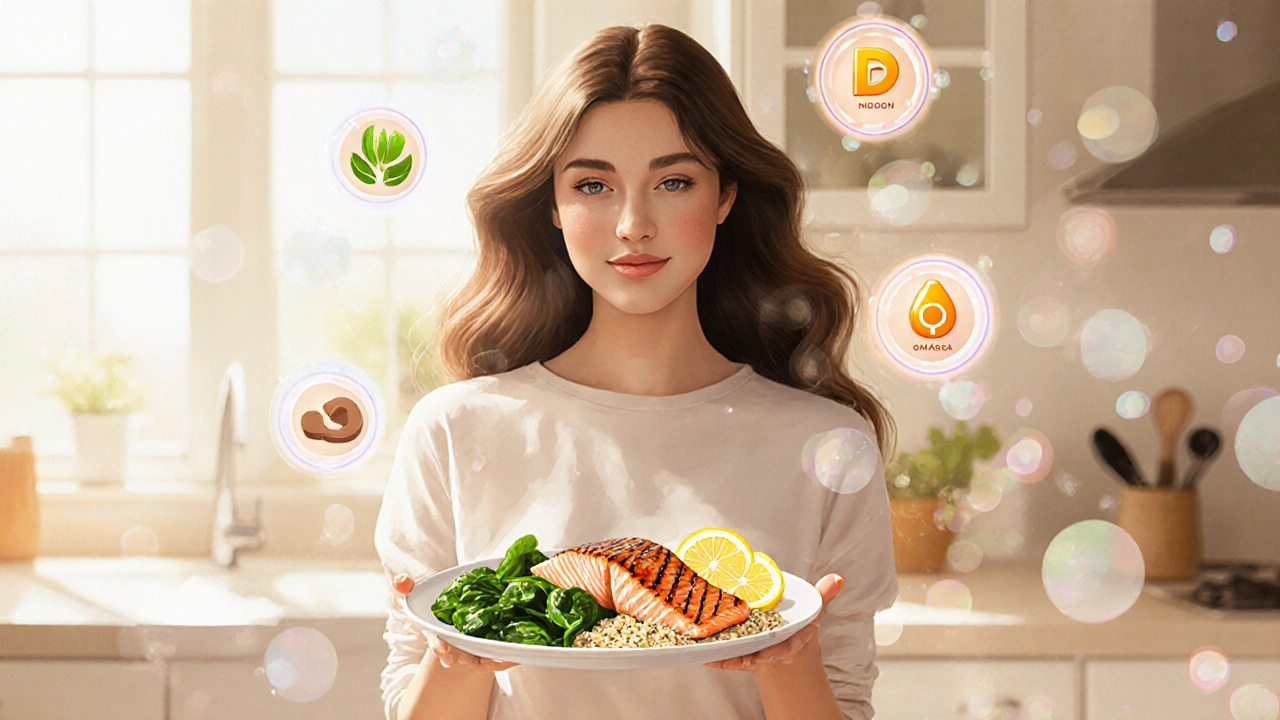 Žena s lesklými vlasy drží talíř s lososem a špenátem, kolem ní plavou vitamíny pro růst vlasů.