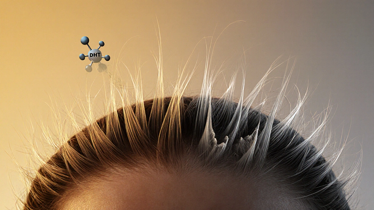 Zvětšený pohled na pokožku hlavy s porovnáním zdravých a poškozených vlasových folikulů.