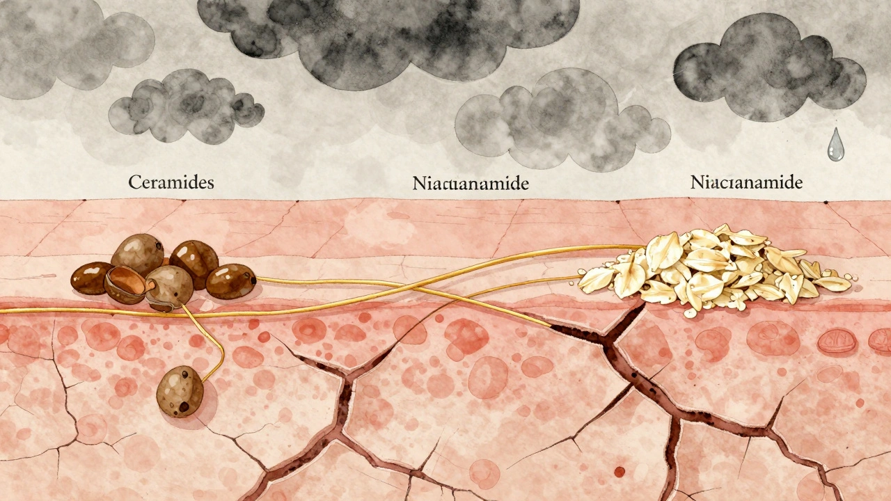Abstraktní znázornění opravy pokožkové bariéry pomocí ceramidů a ovesky.