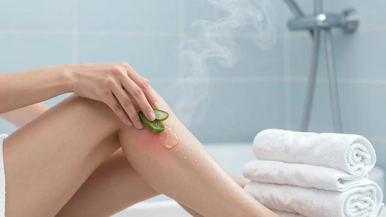 Aplikace chladného aloe veru na pokožku po depilaci, chladný obklad leží vedle, klidná koupelna.