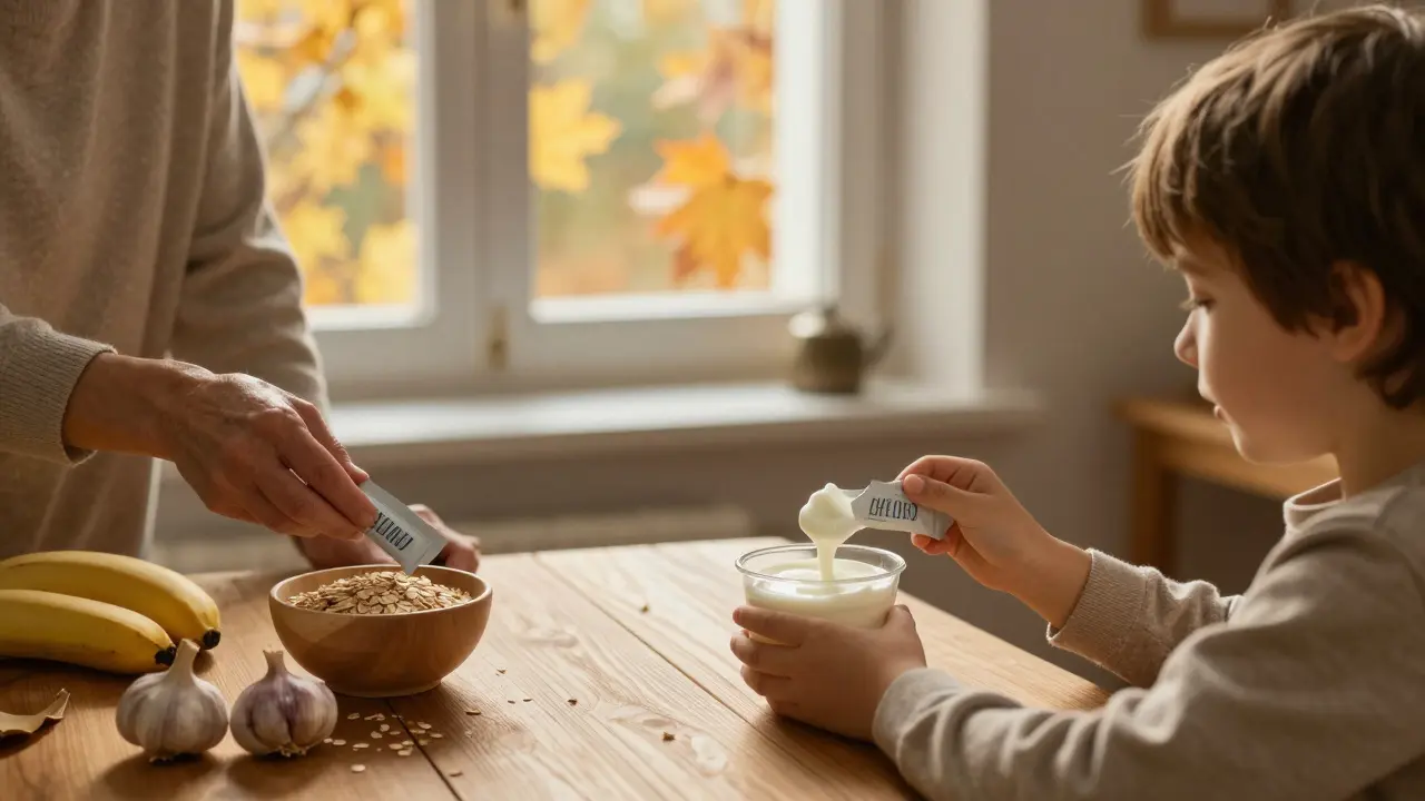 Babička připravuje probiotikum do jogurtu pro dítě v českém domě podzimního dne.