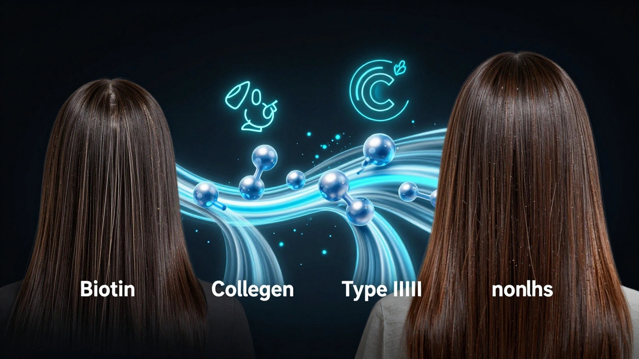 Časová osa od tenkých k prudce rostoucím vlásům s kolagenem a vitamíny jako podporou.