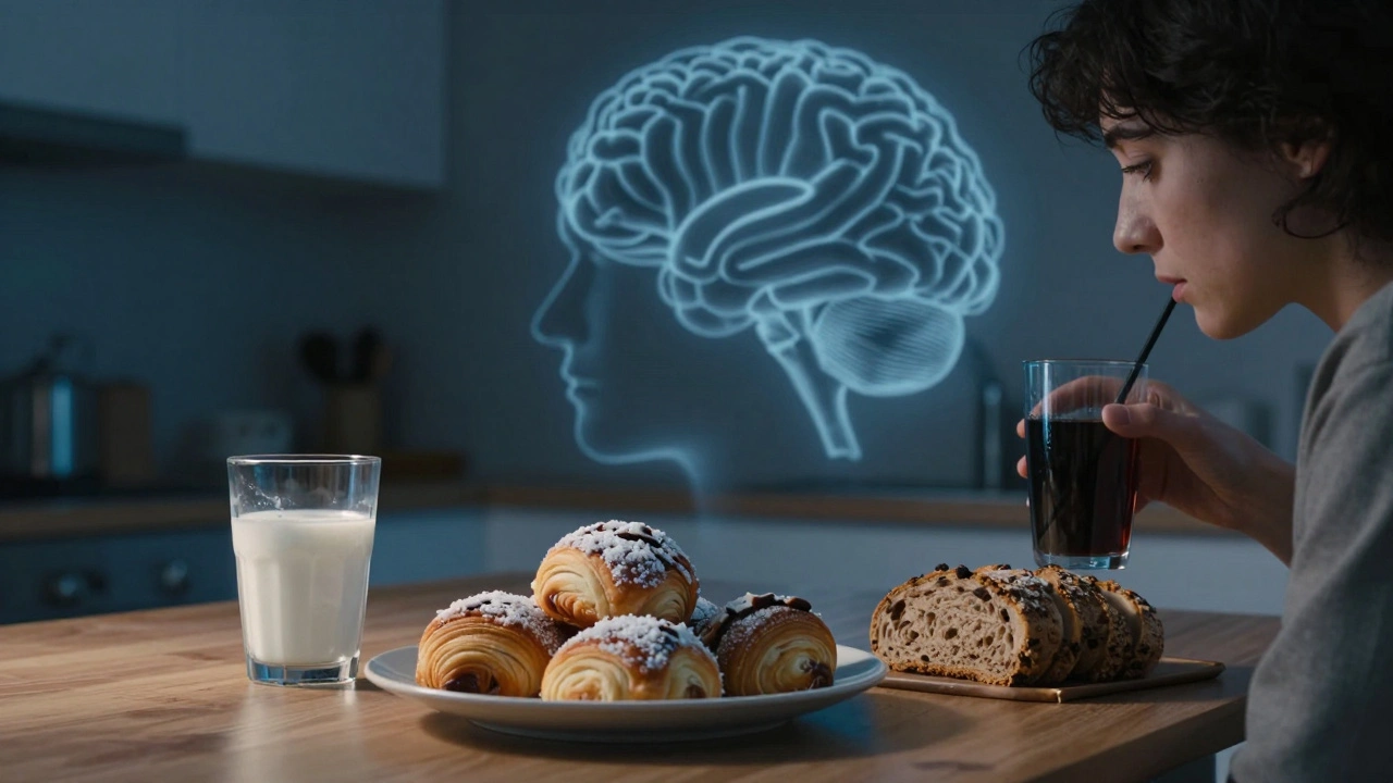Člověk před sladkými potravinami a dietním nápojem, s stínem stresovaného mozku za ním, symbolizující spojení střeva a mozku.