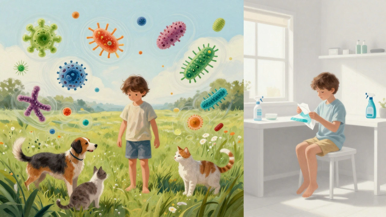 Dítě hrající se zvířaty na louce vedle sterilního dítěte v bílém pokoji, ilustrující vliv hygieny na mikrofloru.