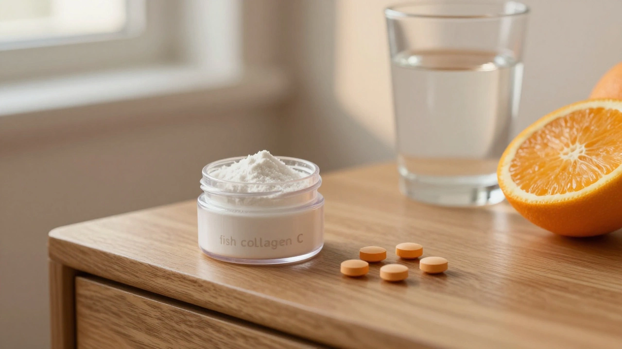 Dvě skleněné nádoby s rybím kolagenem a vitamínem C vedle půlky pomeranče a sklenice vody.