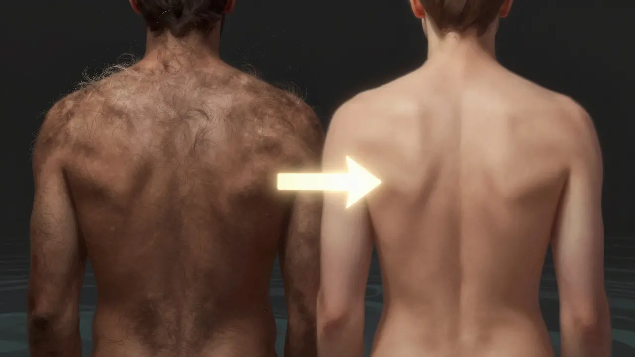 Dvě strany záda: jedna s chloupky, druhá hladká – symbolizující přechod k čistotě.