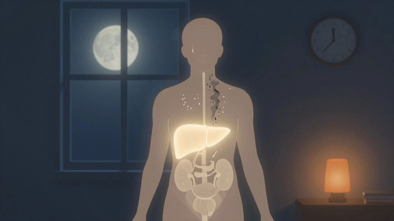 Figura v noci s vnitřním světlem a uvolňováním toxinů skrze kůži a ledviny.