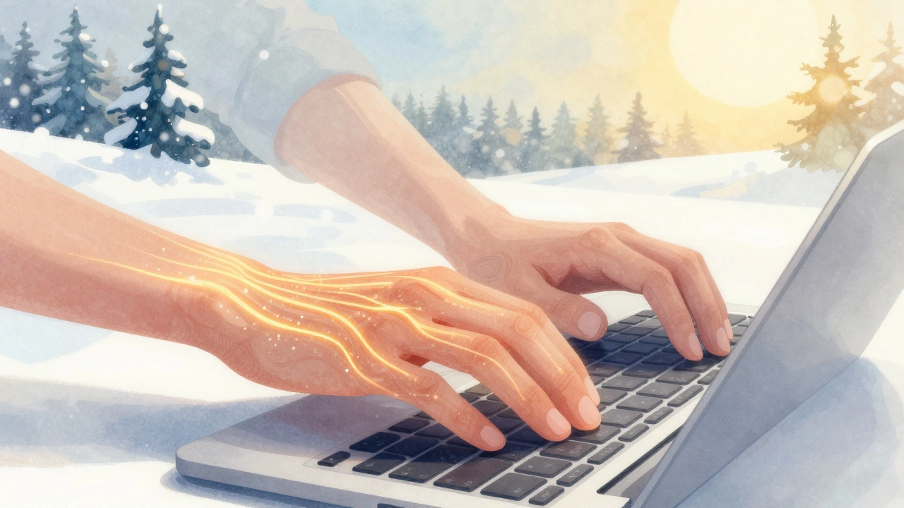 Ilustrace ruky s tečkovaným proudem krve směřujícím k prostřednímu prstu, symbolizující rychlejší růst nehtů v létě.