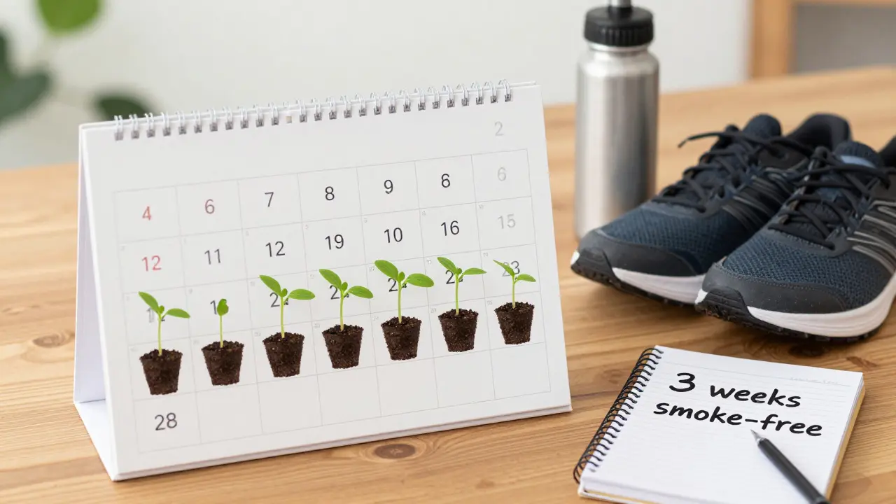 Kalendář s rostoucími rostlinkami, symbolizující postupnou detoxikaci těla během 4 týdnů bez kouření.