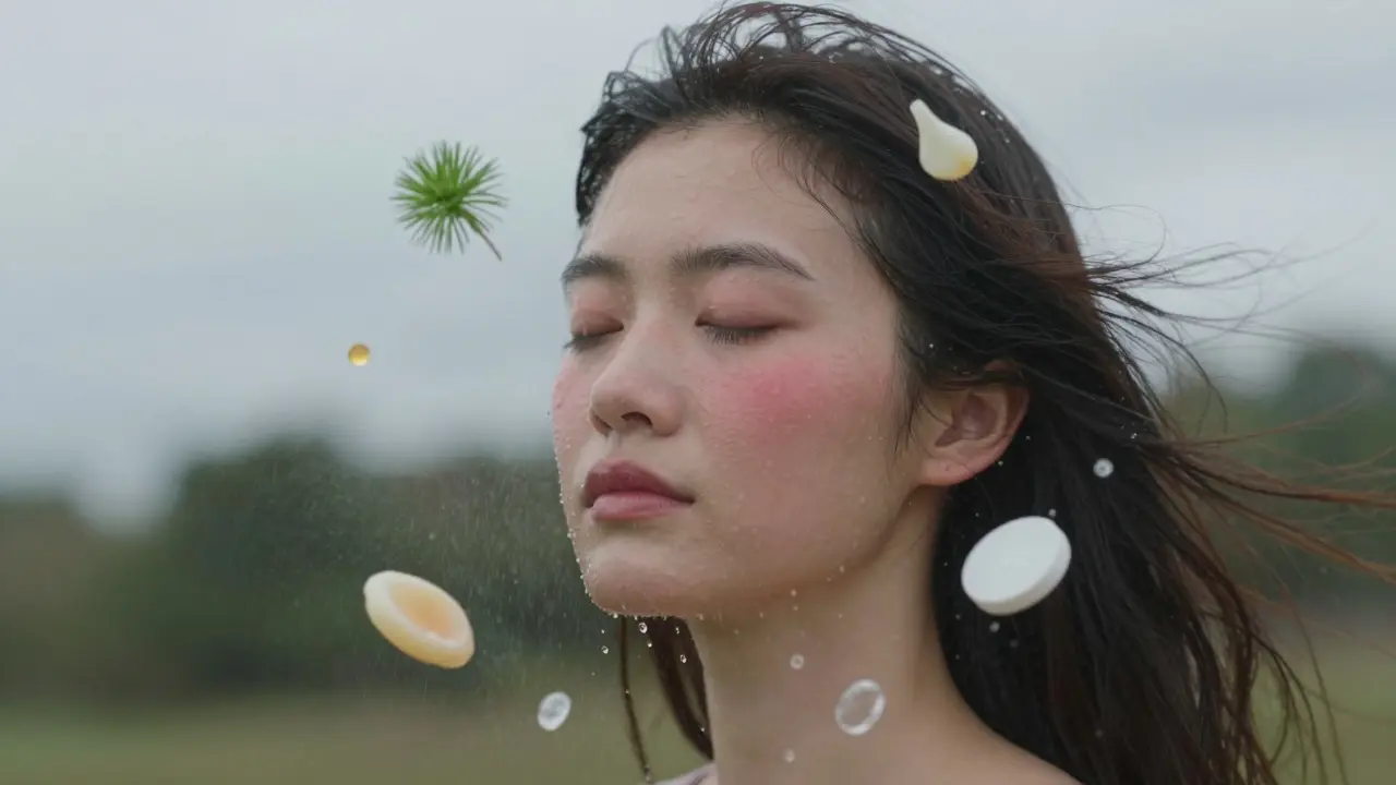 Klidný obličej s měkkým zklidněním červenání, obklopený vznášejícími se přírodními látkami v lehkém mlze.