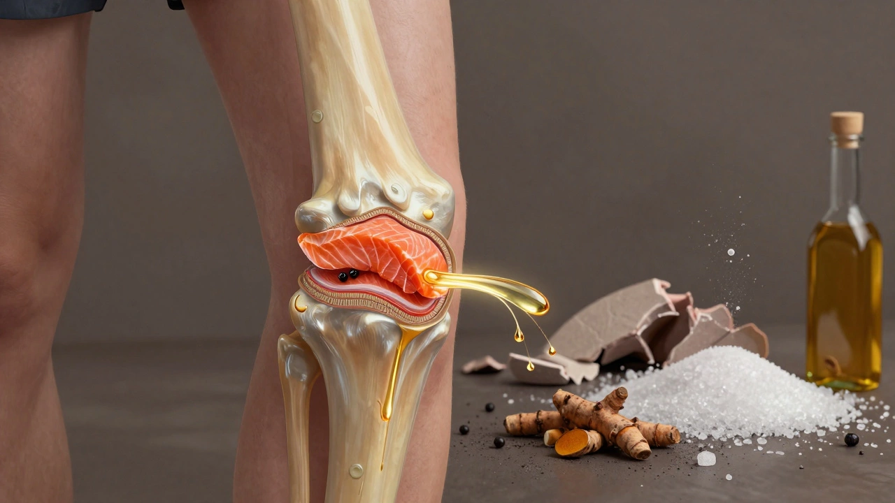 Křížový řez kloubu s vlivem protizánětlivých potravin jako losos, kurkuma a kolagen, proti znečištění cukrem.