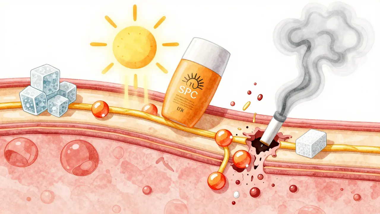 Křížový řez kůže s kolagenovými vlákny obnovovanými vitamínem C, zatímco cukr a kouř je ničí