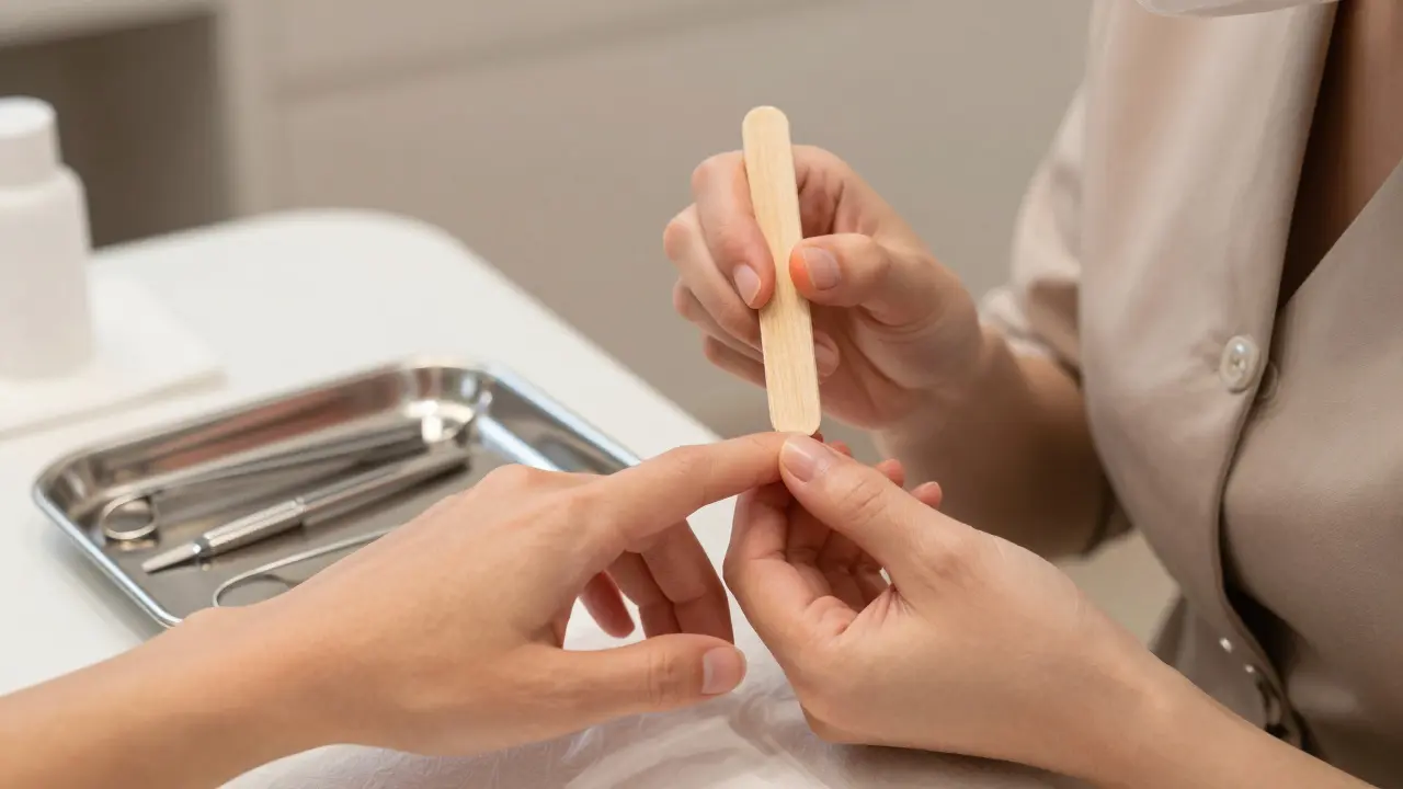 Manikýřka jemně odstraňuje přebytečnou kůži pomocí dřevěného pálíčku.