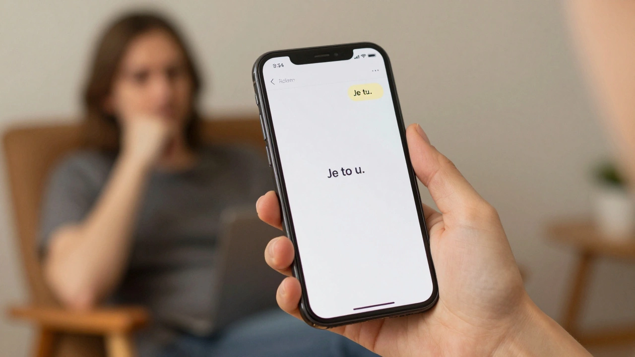 Mobile screen ukazuje zprávu &#039;Je to u.&#039; v hovorovém kontextu.