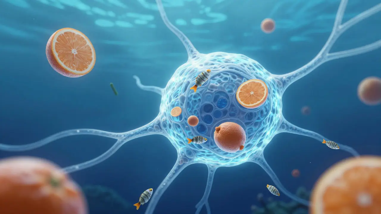 Molekulární ilustrace kolagenu spojeného s rybími šupinami a citrusovými plody v oceánském pozadí.