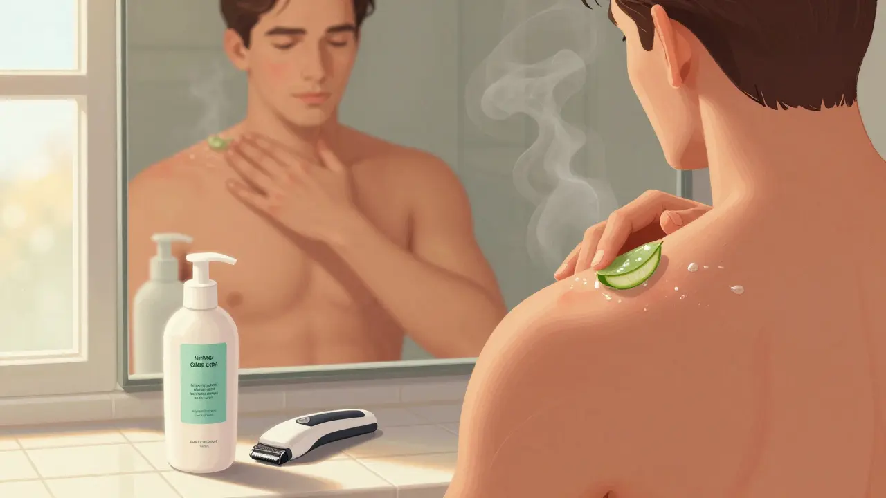 Muž aplikuje aloe veru na hladké záda po oholení, viděno v zrcadle.