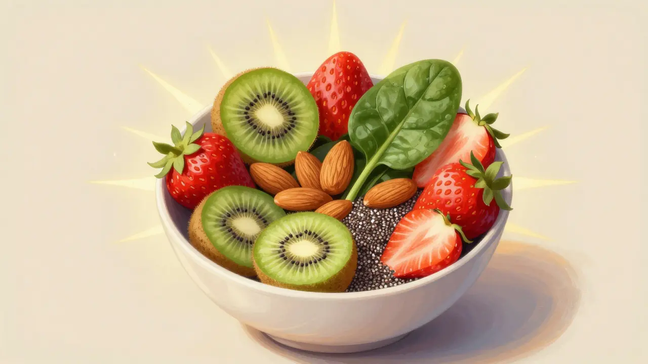 Nádoba s jahodami, kiwi, špenátem a oříšky symbolizujícími přírodní podporu kolagenu.