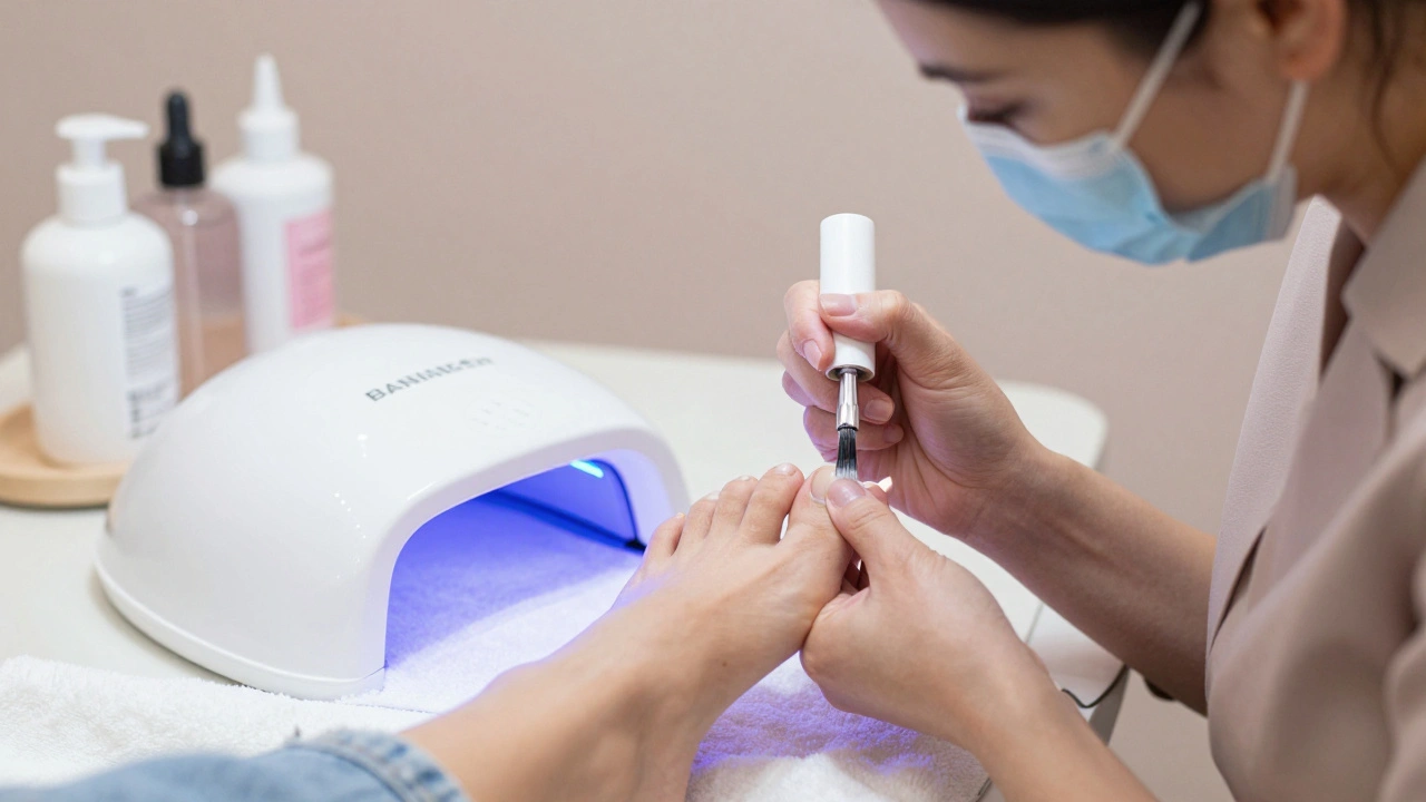 Odborník aplikuje top coat na nehty nohou v moderním salónu.