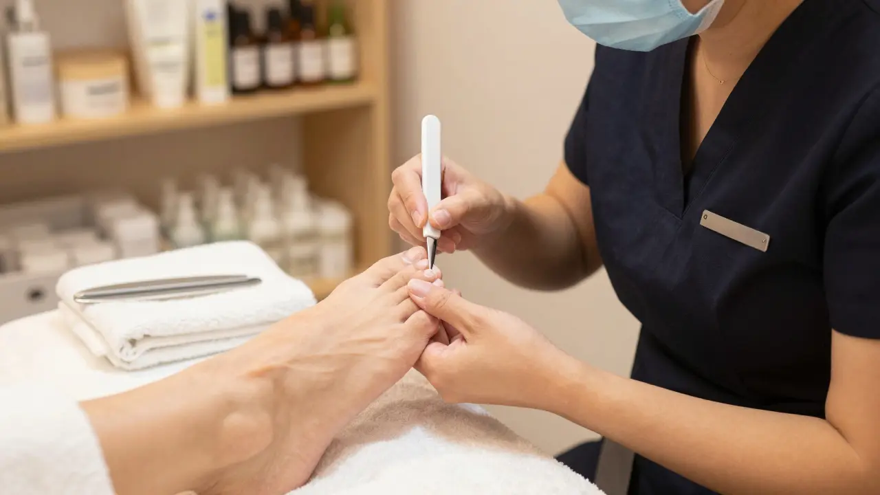 Odborník provádí pedikúru v čistém salónu, pečlivě opravuje nehty a kůži.