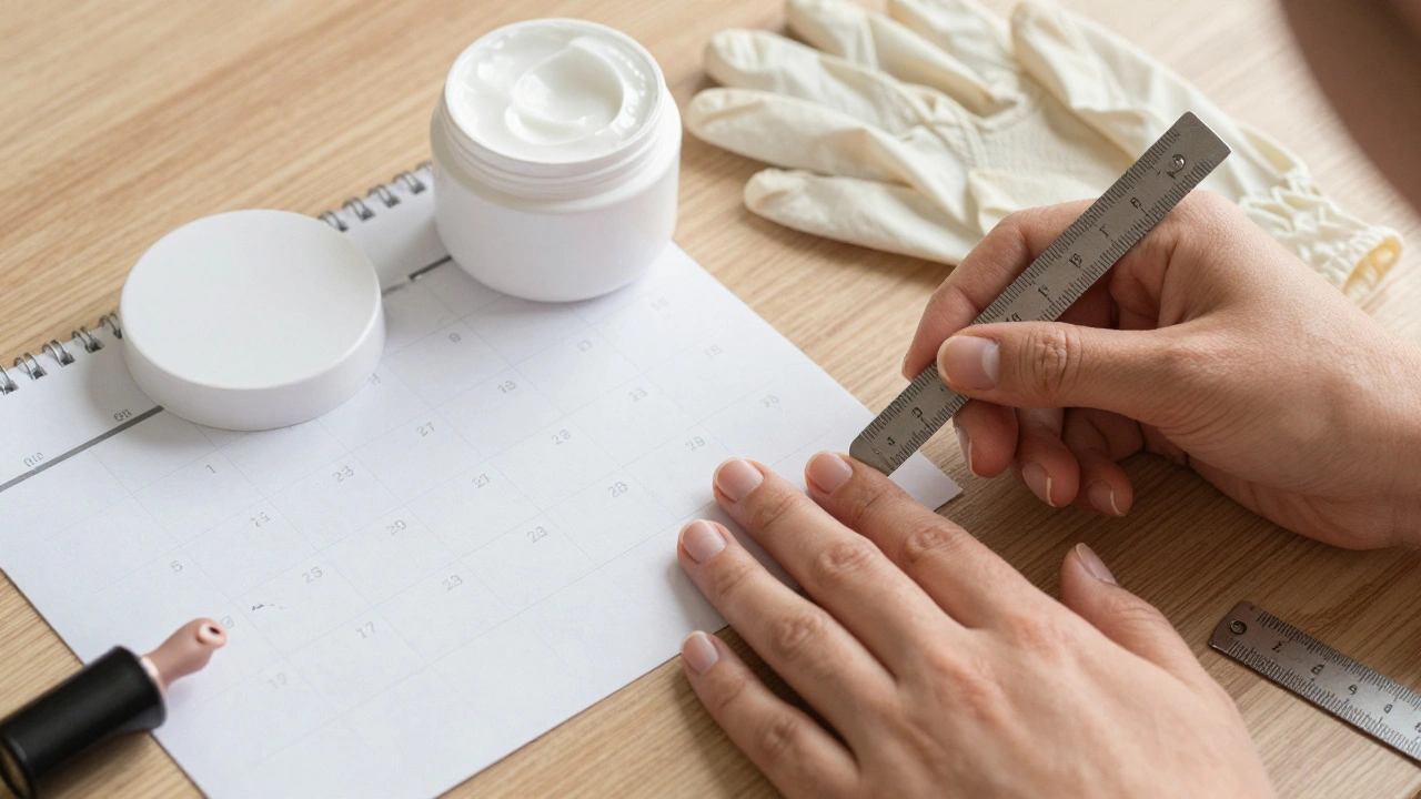 Osoba měří délku nehtů pravítkem, vedle ní krém a rukavice, příznak pečovatelského přístupu.