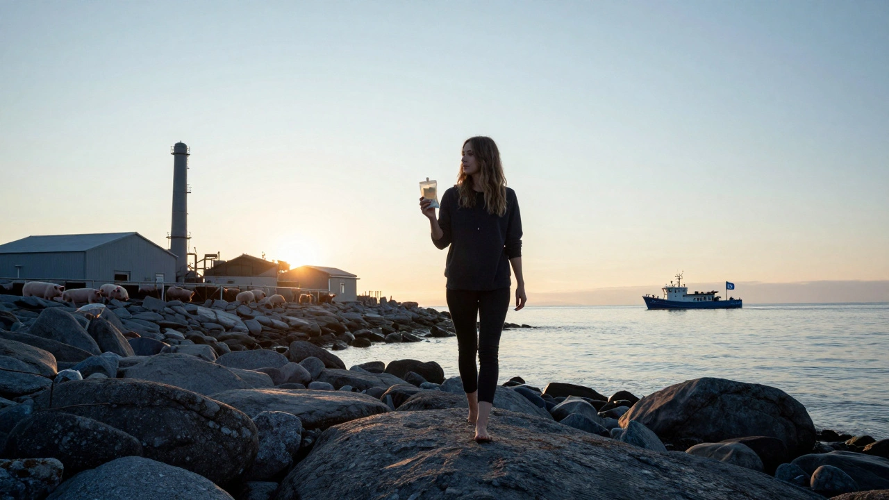 Osoba na pobřeží s mořským kolagenem, za ní farma s prasaty, před ní čisté moře