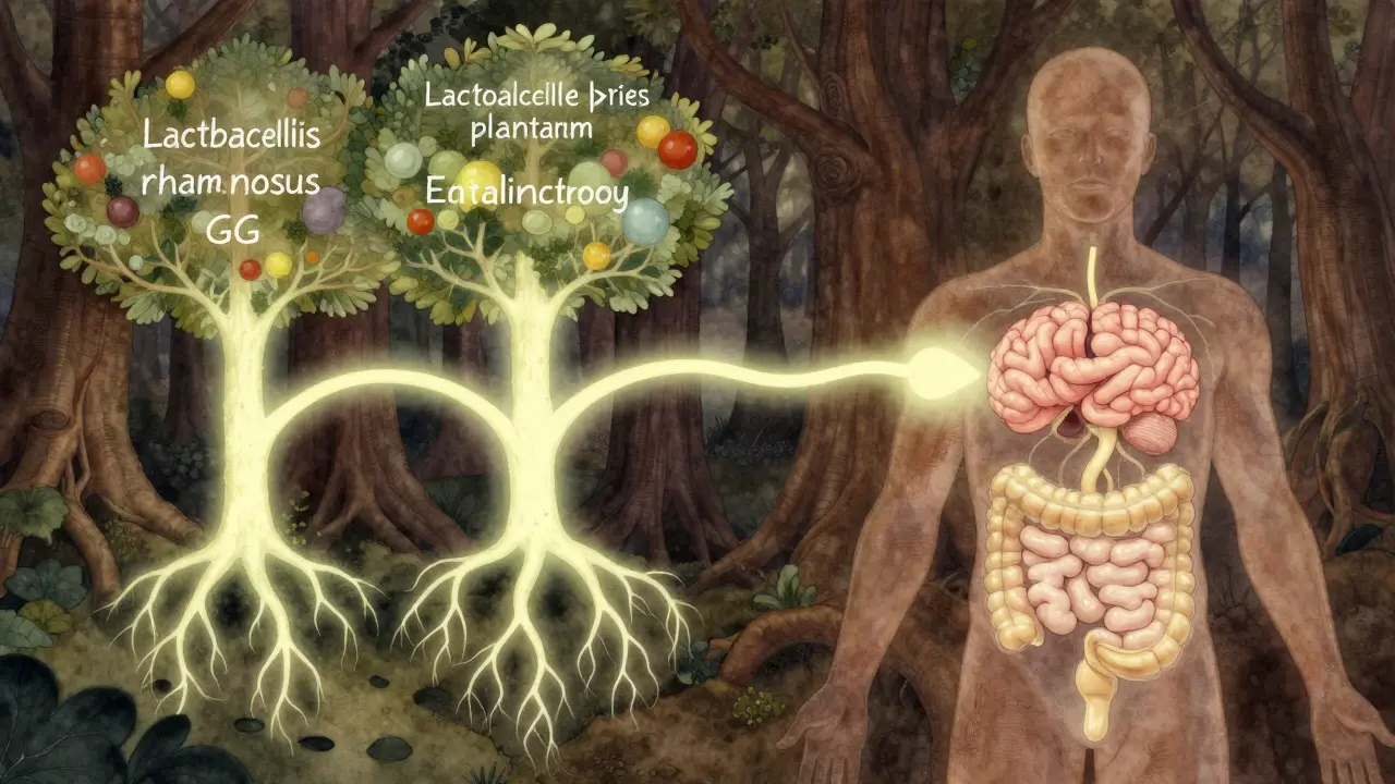 Podzemní les symbolizující rovnováhu střevního mikrobiomu spojeného s tělem