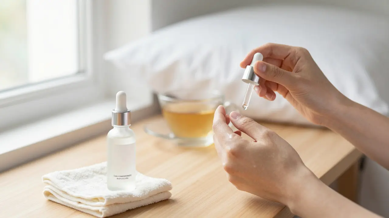 Pokojná scéna ranní péče o pleť s lehkým hydratačním sérem a čistou pokožkou v přírodním světle.