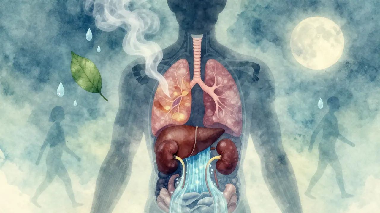 Průřez lidského těla ukazující čištění plic, jater a ledvin přirozenými procesy po přestání kouření.