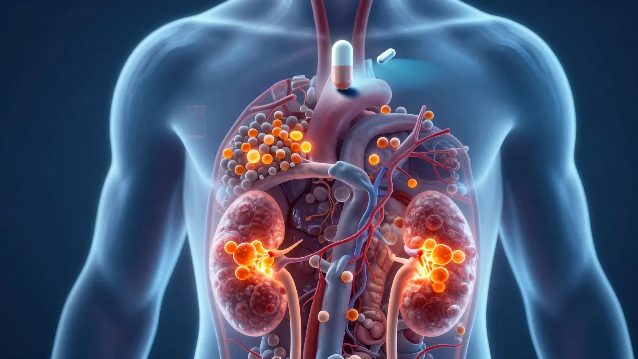Průřez tělem ukazující ukládání vápníku v ledvinách a cévách způsobené přebytkem vitamínu D.