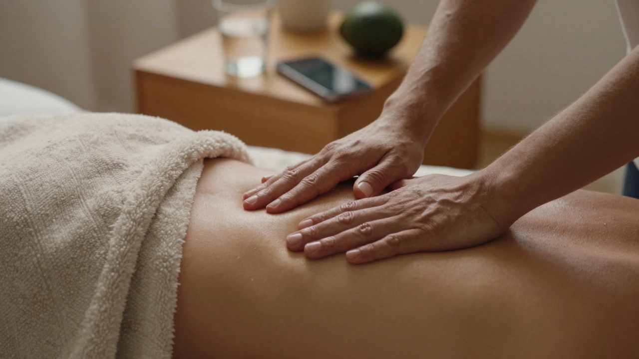 Ruce masírují záda a břicho v klidné ložnici s vypnutým telefonem.