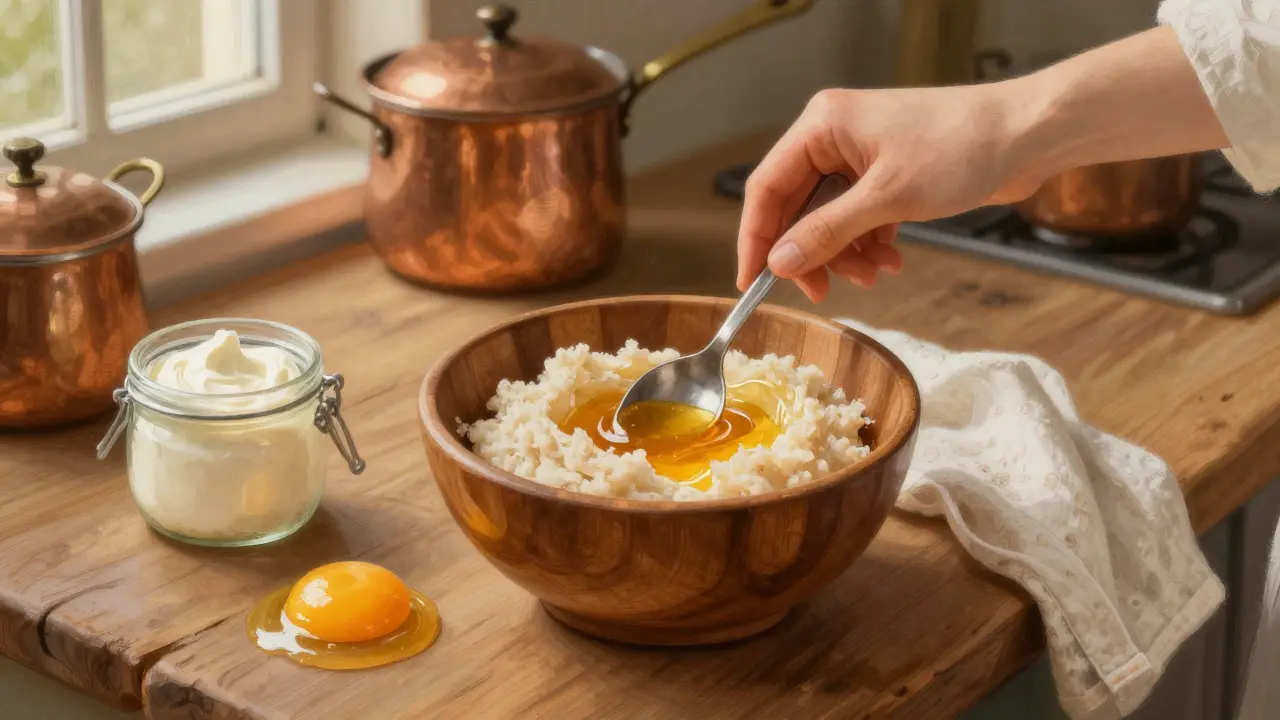 Ručně připravovaná obličejová maska z ovesných vloček a medu na dřevěném stole.