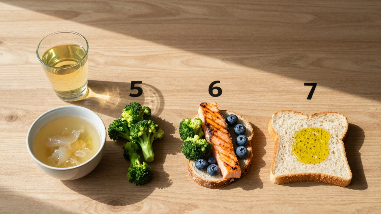 Sedmidenní plán stravy pro klouby: voda, losos, brokolice, vývar, borůvky a olivový olej na dřevěném stole.