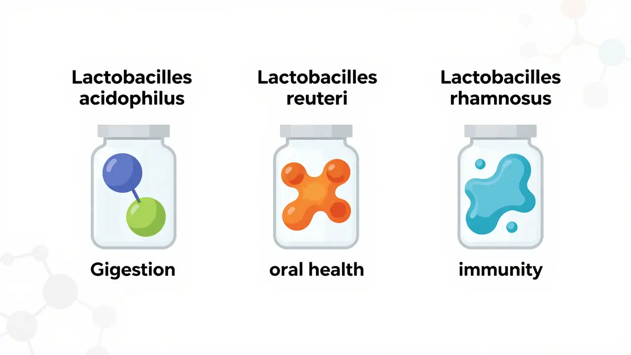 Tři druhy laktobacilů ve skleněných nádobkách s jejich funkcemi