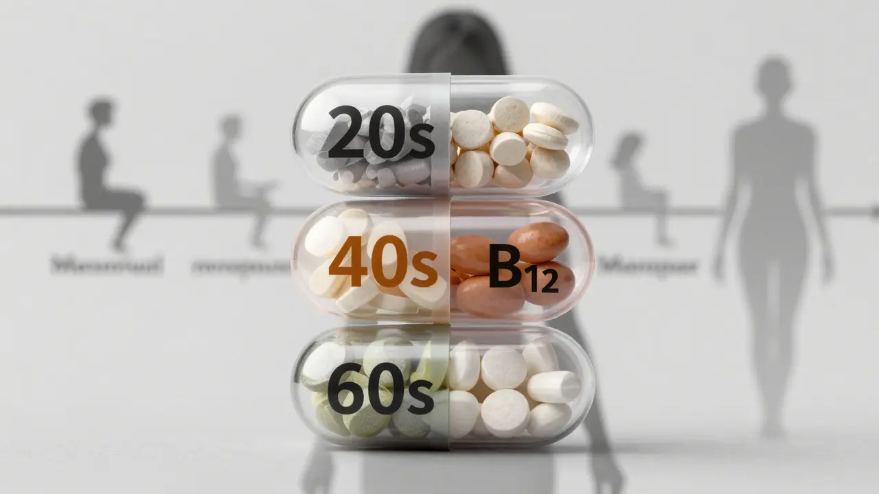 Tři průhledné kaple s vitamíny podle věku, s postavou ženy procházející jejich vývojem.