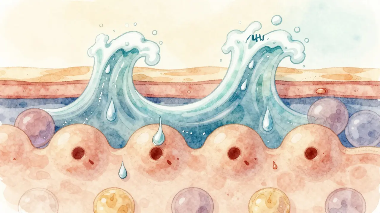 Umělecký výřez kůže ukazující póry uvolňující tuk a pot, s jemnými chemickými peelingy rozpouštějícími zácpy.