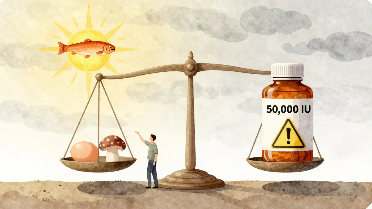 Váha s přírodními zdroji vitamínu D na jedné straně a vysokodávkovou tabletkou na druhé.