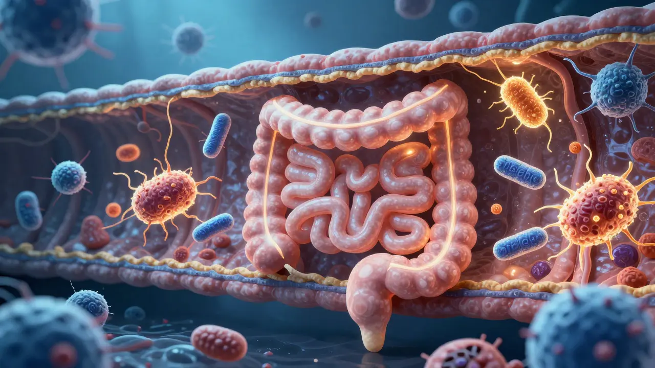 Vnitřní pohled na střevo s užitečnými bakteriemi bojujícími proti škodlivým patogenům.